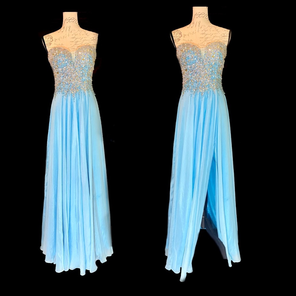 Terani Couture Strapless Gown Aqua Prom Bedazzled Evening Dress  Size 4
